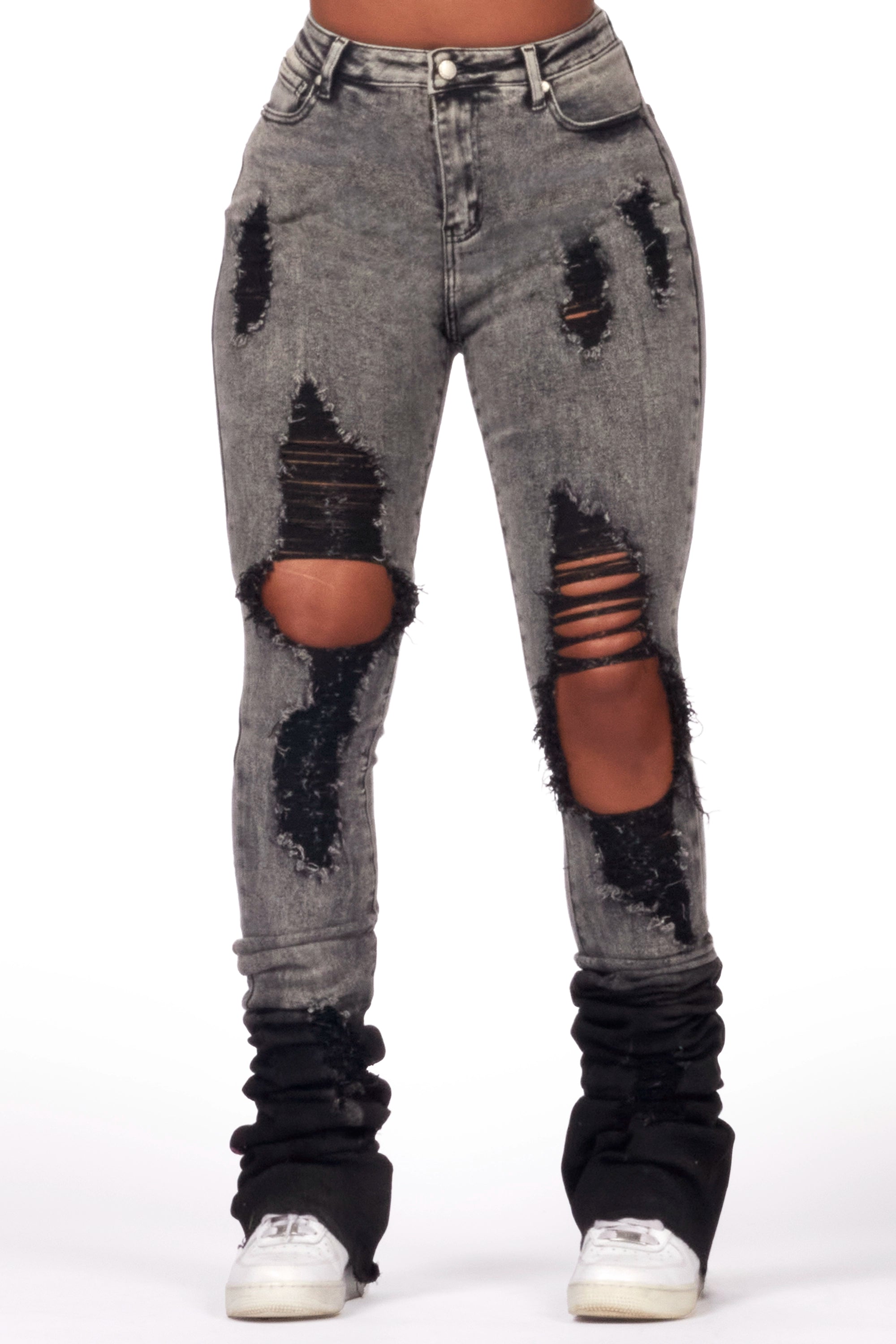 Shyanna Black Wash Distressed Super Stacked Jean Elegant Dark-Wash Bootcut Jeans