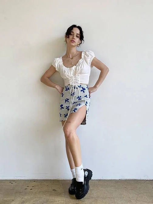 Alastair Floral Mini Skirt Sage Blue slim fit skirt