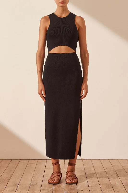 BASIC MIDI SKIRT WITH SPLIT - BLACK wool skirt breathable