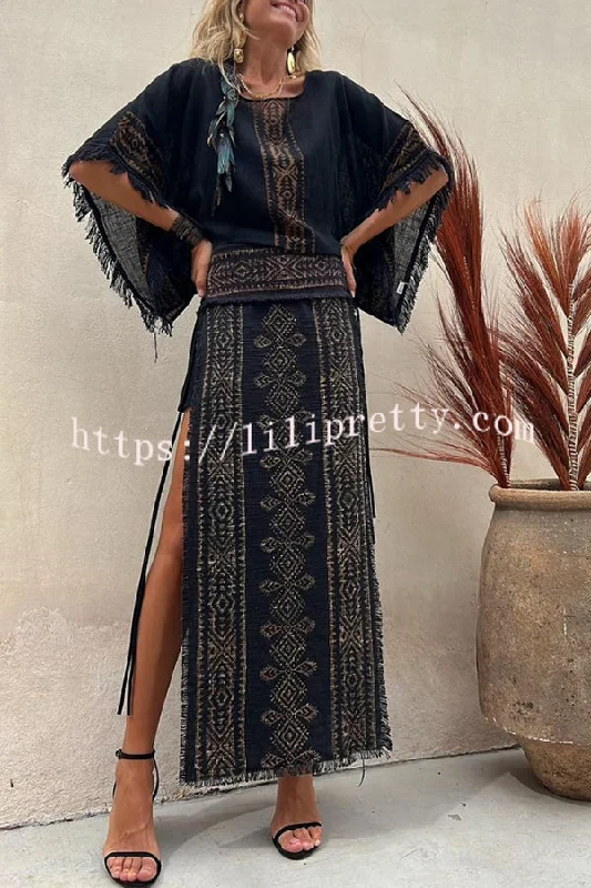 Lilipretty® Alana Linen Blend Ethnic Print Patchwork Side Lace-up Maxi Skirt slim fit skirt