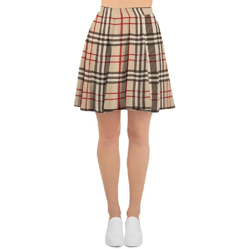 Beige Plaid Tartan Women's Skirt silk skirt smooth