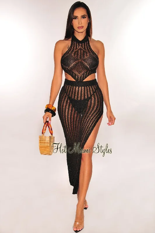 Black Crochet Halter Hanky Tie Up Slit Skirt Cover Up Two Piece Set wool skirt sturdy