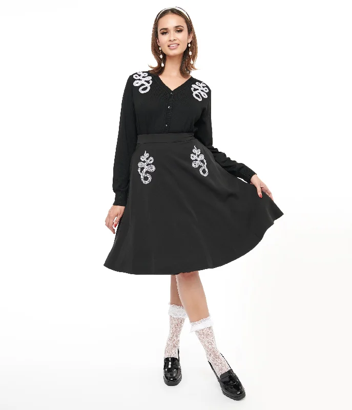 Black & White Snake Embroidered Swing Skirt linen skirt breathable