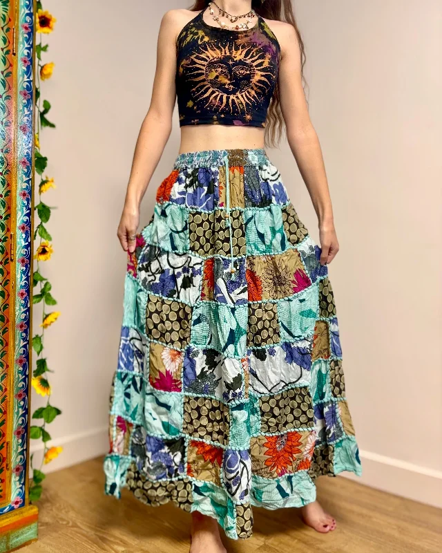 Blue Patchwork Maxi Skirt denim skirt classic