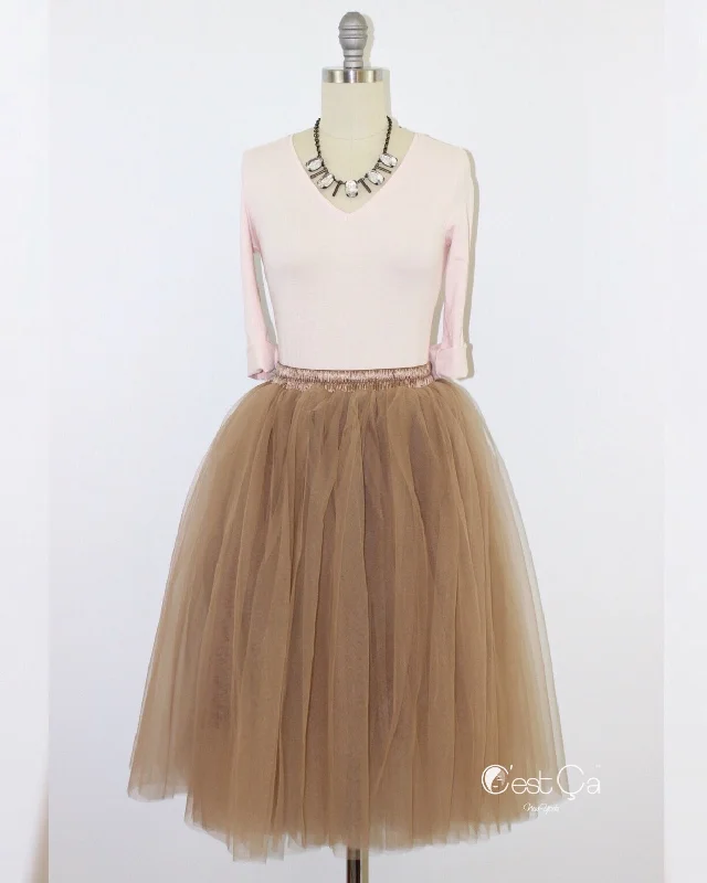 Colette Premium Light Coffee Soft Tulle Skirt - Midi cashmere skirt rich