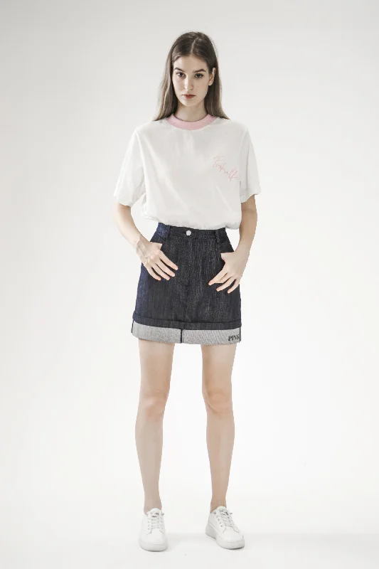 DEEP BLUE/BLACK CUFFED A-LINE MINI SKIRT ruffled skirt detail