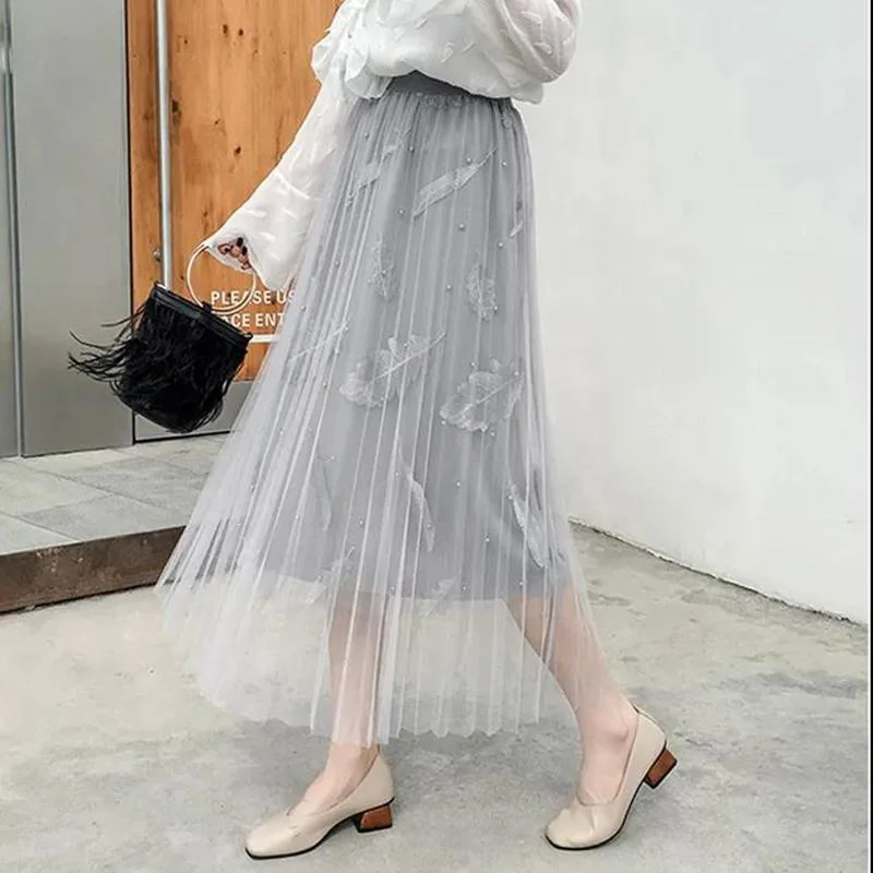 Half-length Skirt Female Four Seasons Can Wear Heavy Beaded Feather Embroidery Three-layer Fabric Mesh Sweet Pleated Fairy Long Skirt patchwork skirt art