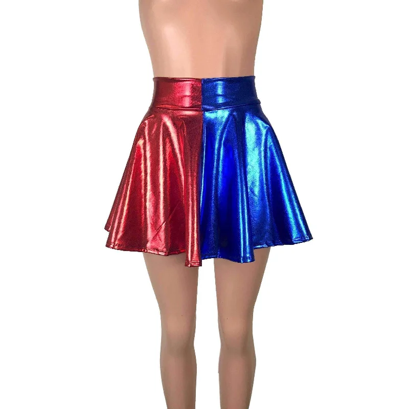 Skater Skirt - Harley Quinn Blue/Red Metallic flowy skirt hem