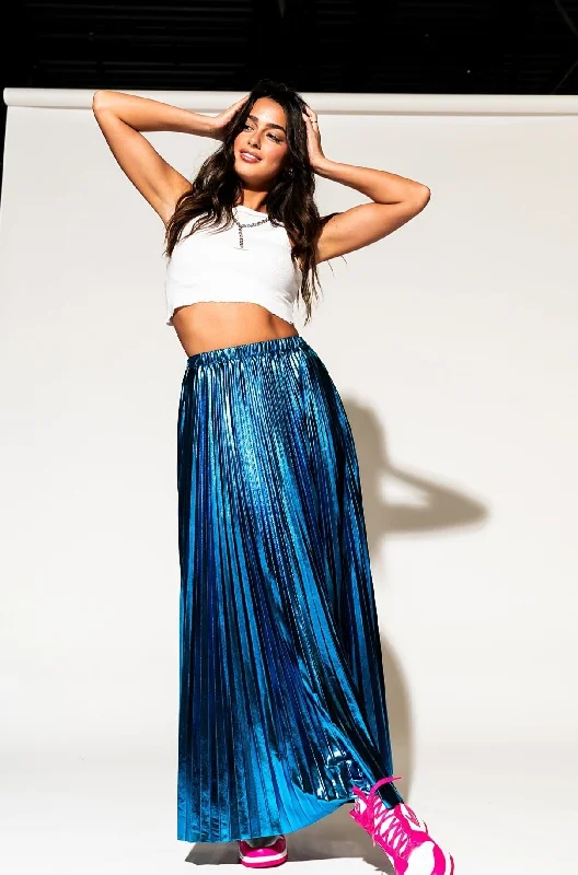 Metallic Pleated Midi Skirt in Blue Raspberry chiffon skirt lightweight