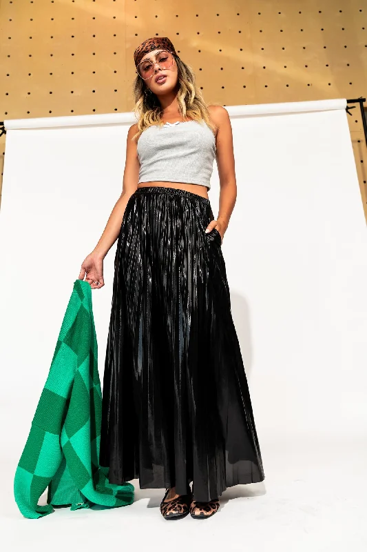 Metallic Pleated Midi Skirt in Midnight Black corduroy skirt durable