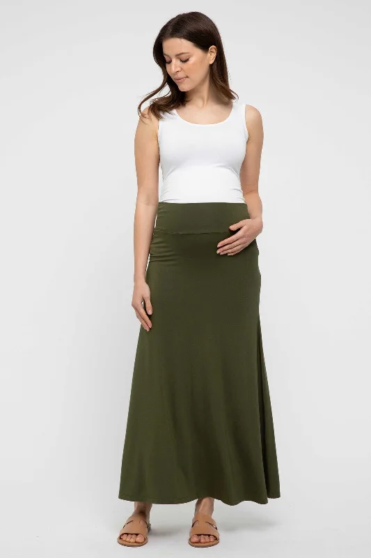 Lana Long Maternity Skirt - Dark Olive breathable skirt fabric