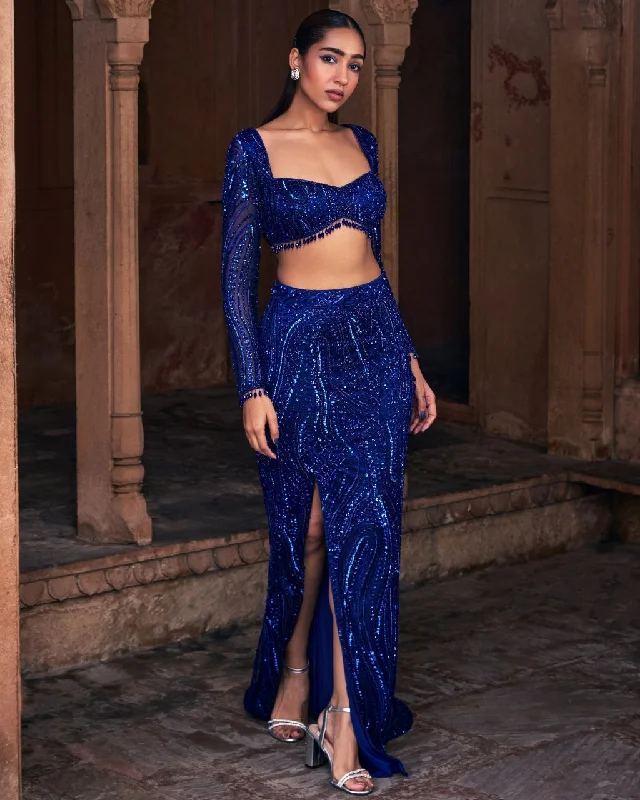 Mulan Electric Blue Embroidered Crop Top Skirt Set patchwork skirt art