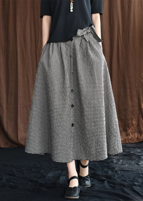 Vintage Black Bow Button Pockets Plaid Linen A Line Skirts Summer leather skirt bold