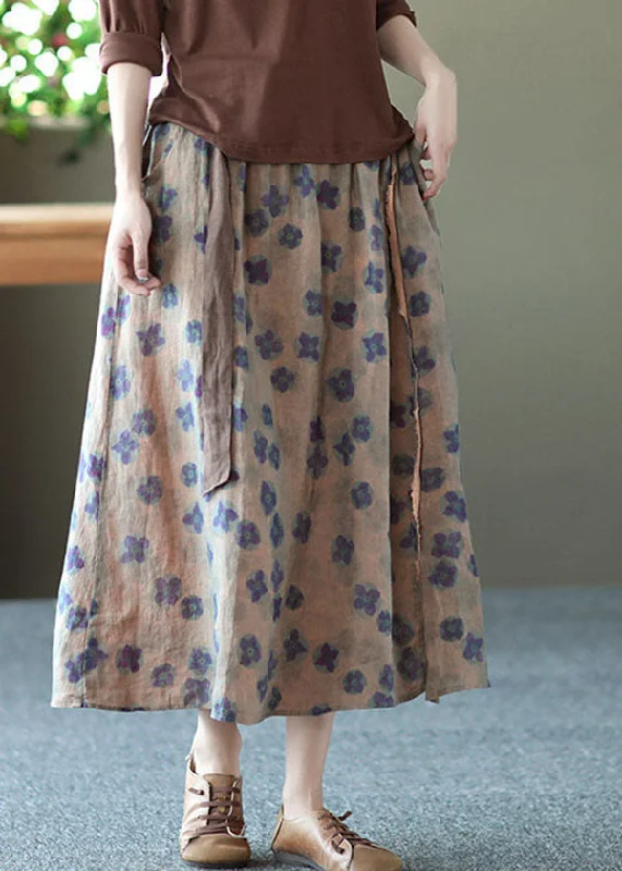 Vintage Yellow Pockets Print Linen A Line Skirts Summer wool skirt breathable