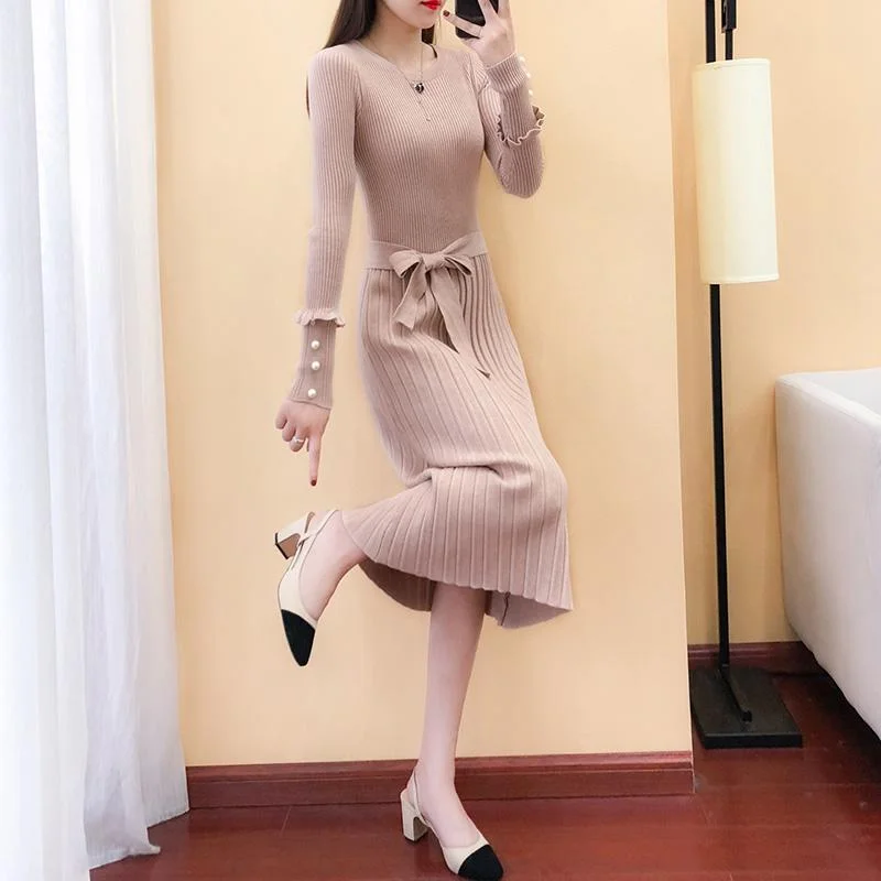Waist long-sleeved round neck sweater bottoming skirt fashion women's long sweater over the knee high waist skirt