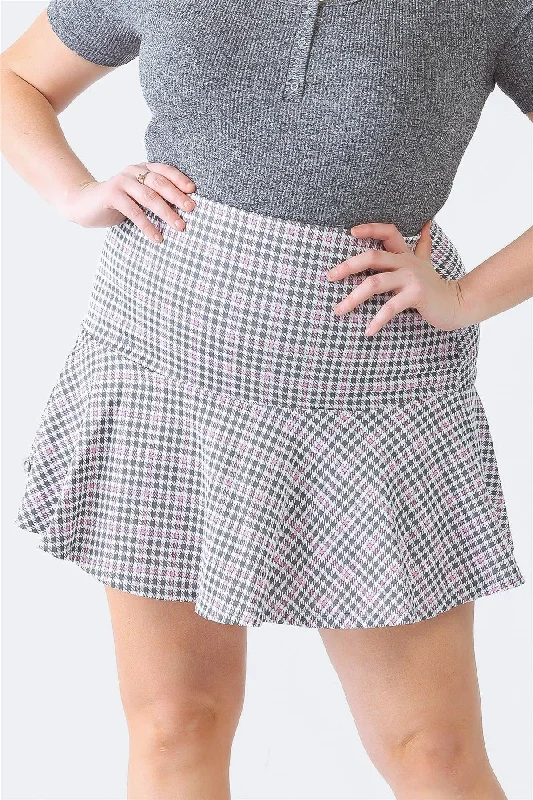 Plus Size Pink Plaid High Waist Flare Hem Mini Skirt spandex blend skirt