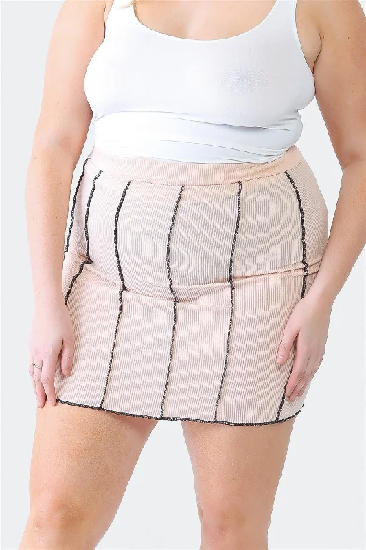 Pink Plus Size Ribbed Seam High Waist Mini Skirt silk skirt luxurious