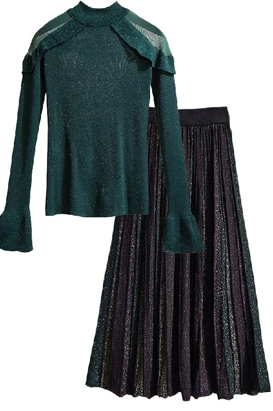 Janine Petrol Metallic Blouse and Pleated Skirt Set cashmere skirt soft